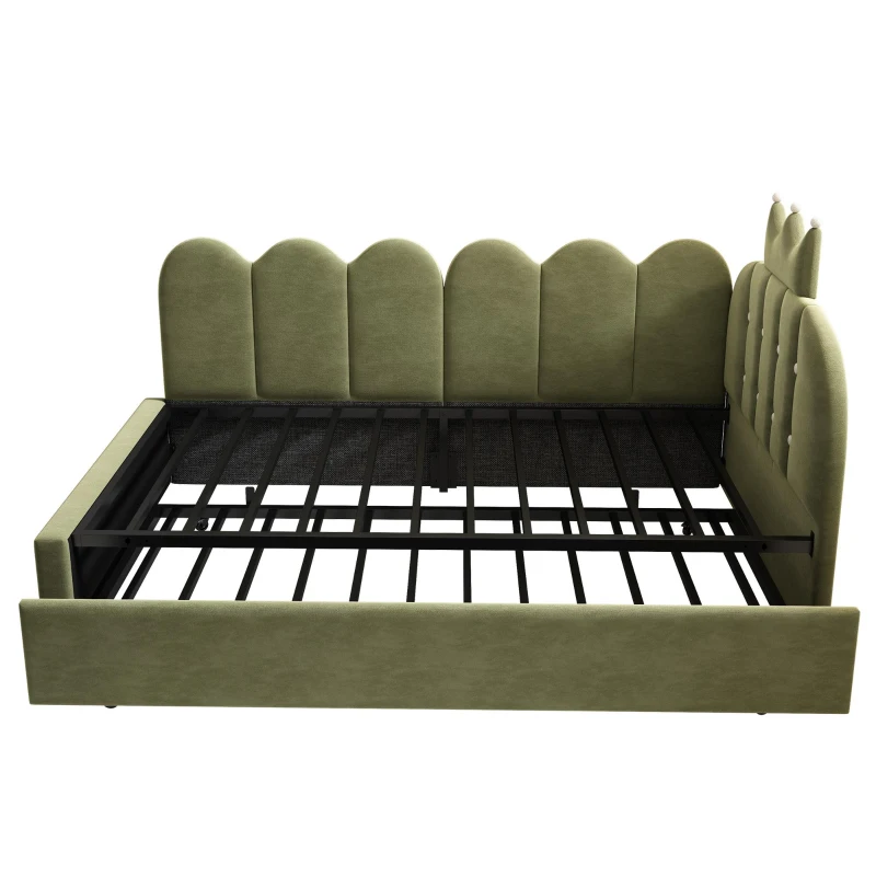 Upholstered Daybed with Pull-Out Trundle and Lattice Detail, Crown-Headboard Kids Bed with Metal Slatted Frame, 194L x 98W x 95H cm, Green