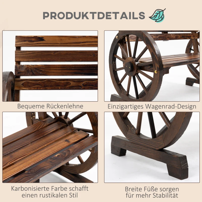 Outsunny tuinbank, ontwerp met wagenwiel, voor 2 personen, natuurlijk hout, donkerbruin, 105,5 x 56 x 79 cm(m-5)
