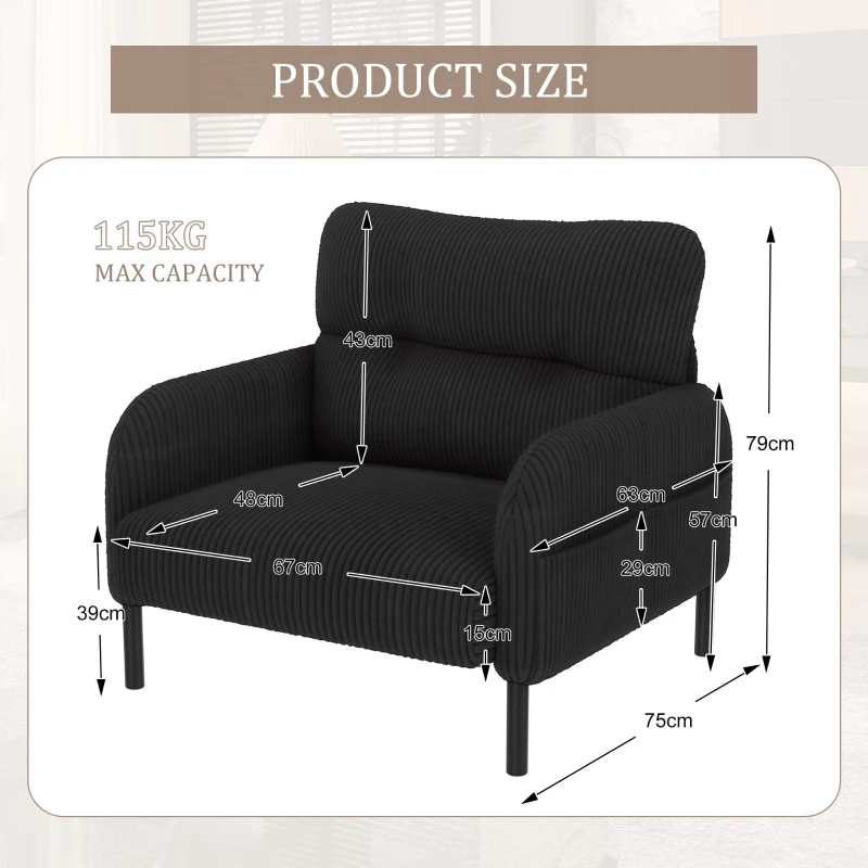 Corduroy Single-Seater Armchair with High-Density Foam Cushion, Ergonomic Wide Seat with Double Side Storage Pockets, 67L x 75W x 79H cm, Black