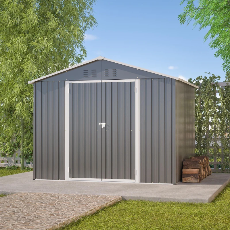 Abrigo de jardim metálico, porta dupla larga, para arrumação de ferramentas e equipamentos de jardim, 229x180x191 cm, Antracite