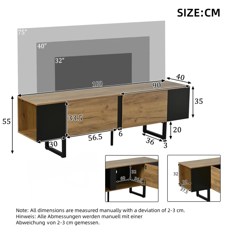 Natural-Wood TV Cabinet with Open Shelves and Soft-Close Doors, Stylish TV Stand with Durable Chipboard Construction, 180L x 40W x 55H cm, Natural