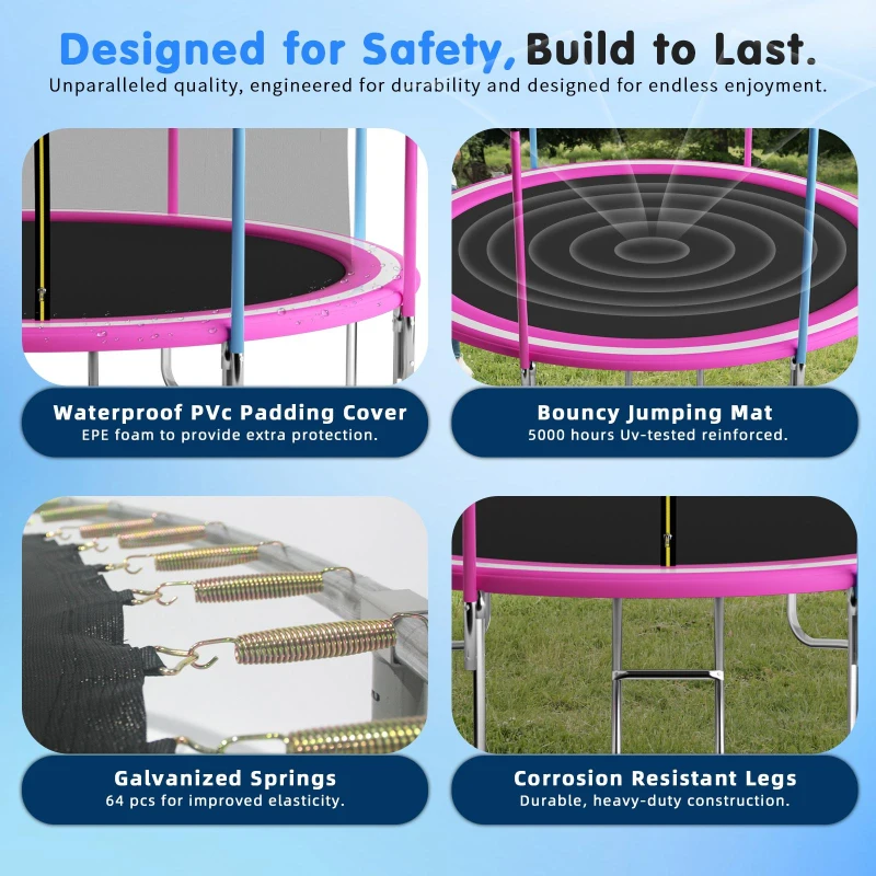 Outdoor Trampoline with Basketball Hoop and Safety Net, Heavy Duty Rebounder with Weatherproof Steel Frame, 366L x 366W x 76H cm, Pink