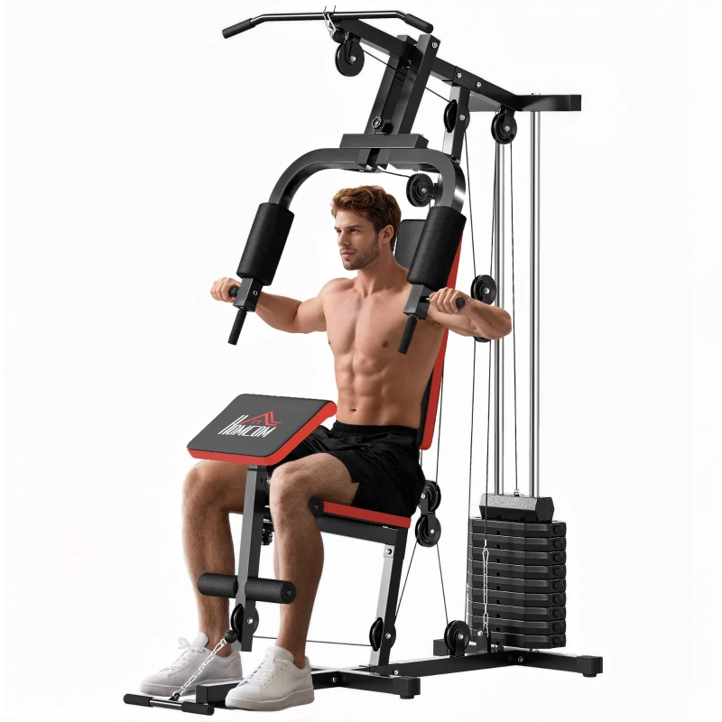 HOMCOM Power Tower cu greutăți de până la 65 kg pentru antrenamente, din oțel și PU, 135x103x210 cm, negru și roșu