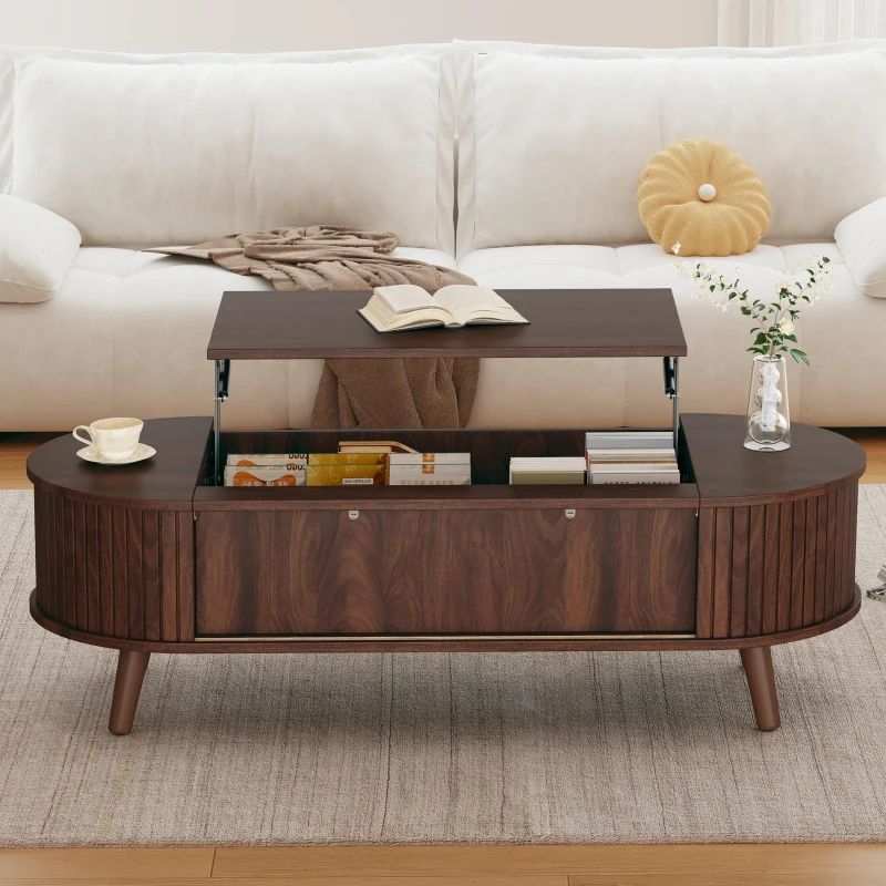 Lift-Up Oval Coffee Table with Hidden Storage and Roller-Shutter Doors, Space-Saving Centre Table with Solid Wood Legs, 120L x 50W x 39.5H cm, Wood