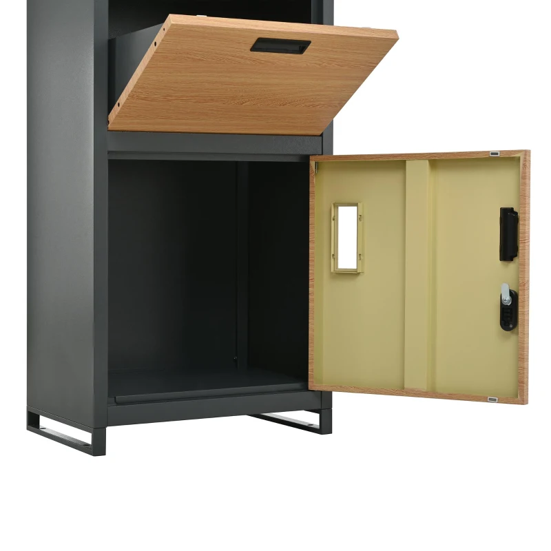 Parcel Mailbox with Integrated Planter and Letter Storage, Anti-Theft Parcel Delivery Box with Viewing Window, 50L x 37W x 118.5H cm, Grey+Wood