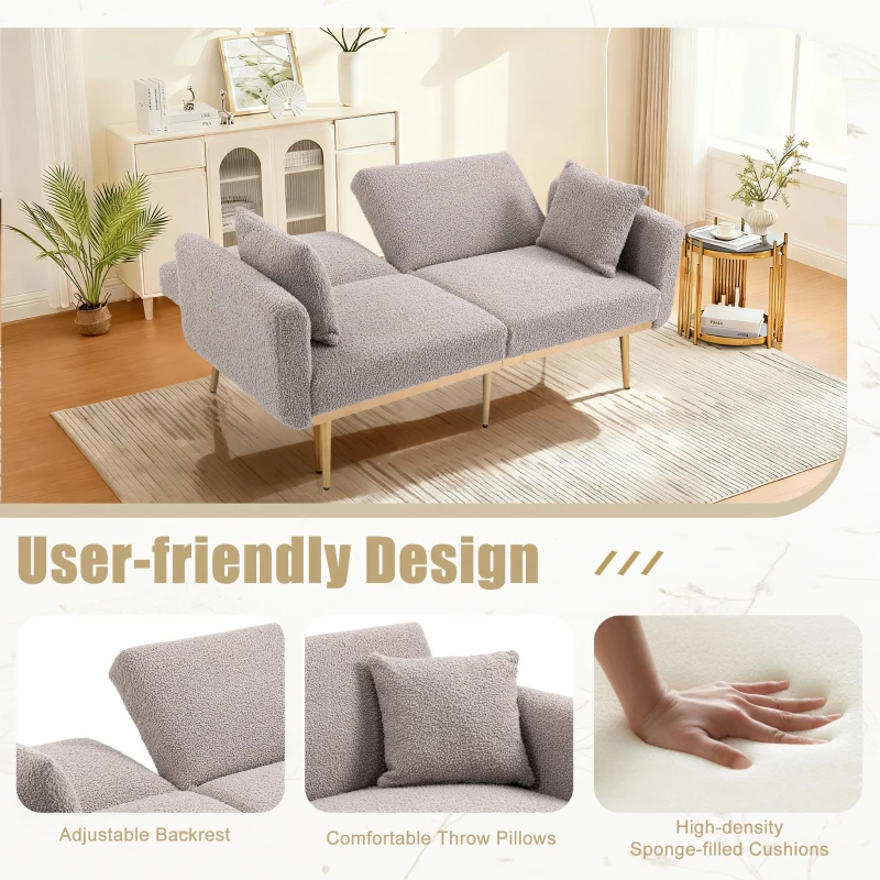 Modern 2-Seater Sofa with 3-Position Adjustable Backrest, Convertible Loveseat with Thick Padded Cushions, 165L x 72.5W x 75H cm, Grey Teddy