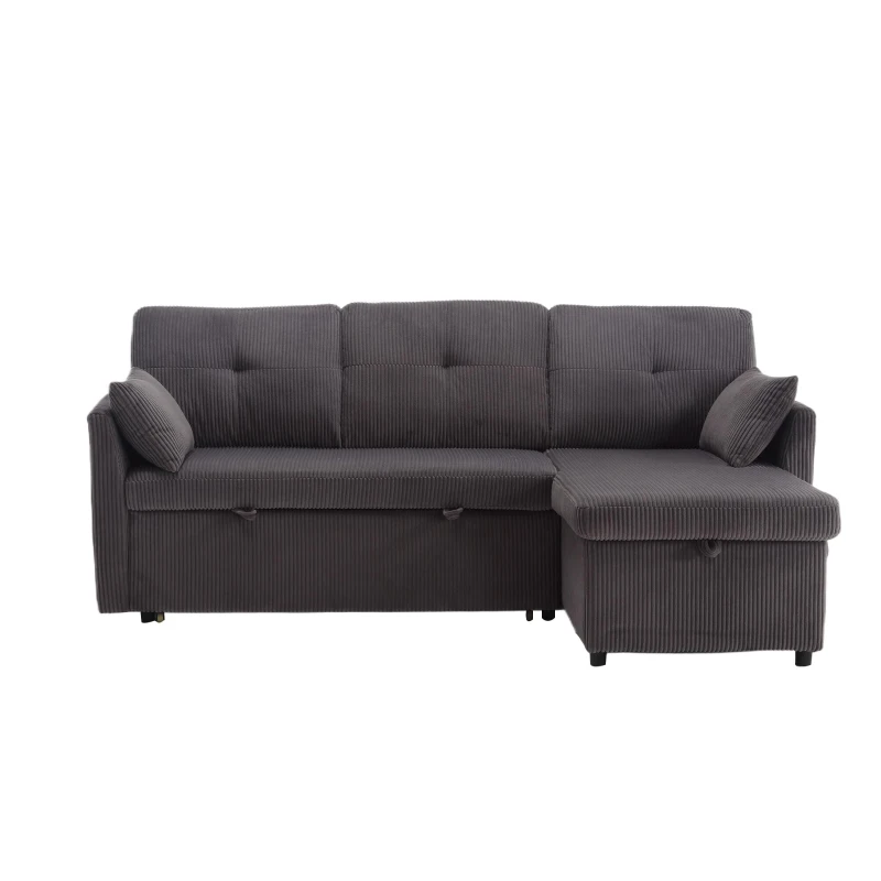 Stylish Sectional Sleeper Sofa with Reversible Storage Chaise, 3-In-1 L-Shaped Sofa with Corduroy Upholstery, 206L x 130W x 88H cm, Charcoal Grey