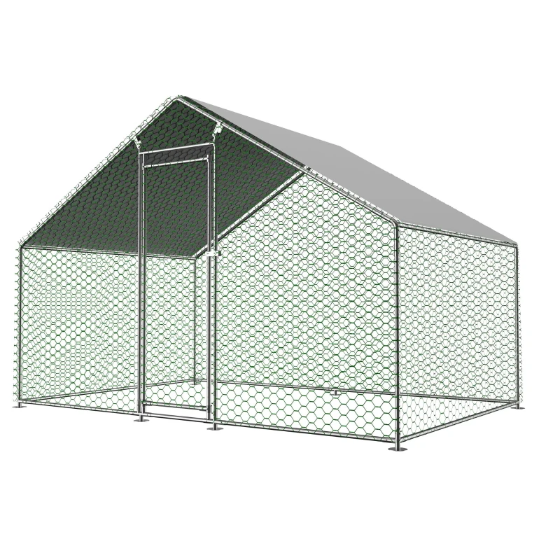 Recinto de livre circulação Galinheiro com fecho de segurança e lona PE impermeável, para galinhas, coelhos e outros pequenos animais, 303x200x200 cm, Prateado