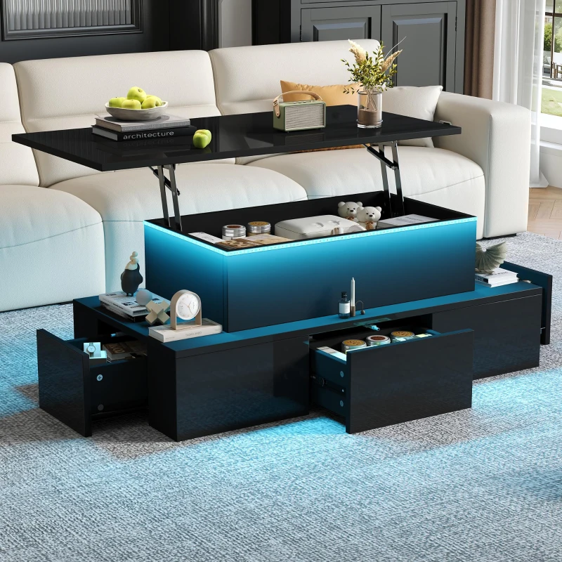 Lift-Top Coffee Table with 4 Drawers and Hidden Storage, Multi-Functional Center Table with Open Shelf and USB Port, 100L x 50W x 40H cm, Black