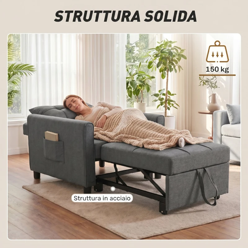 HOMCOM Poltrona Letto Singolo 3 in 1 in Tessuto Effetto Lino con Schienale Reclinabile, Cuscino e Tasche, Grigio