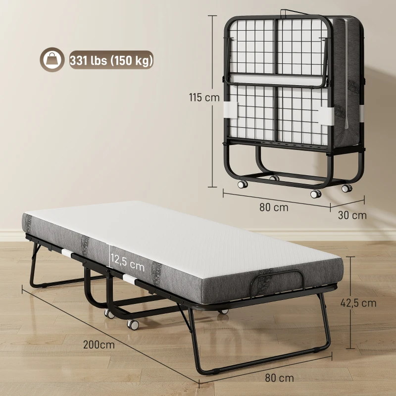 HOMCOM Lit pliant 1 personne 200 x 80 cm avec matelas, lit d'appoint pliable et portable sur roulettes, cadre en acier, blanc