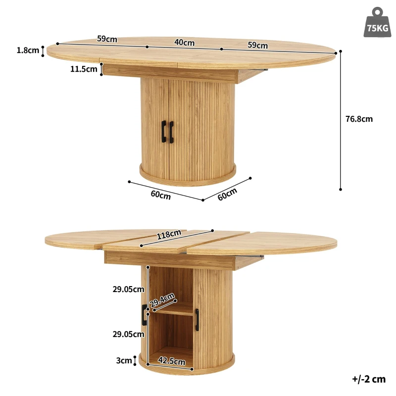 Extendable Round Dining Table with Hidden Leaf Storage, Extension Kitchen Table with Realistic Wood-Grain Finish, 118L x 118W x 76H cm, Natural