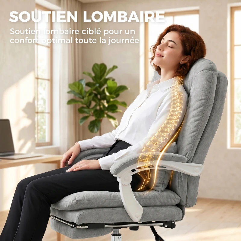 HOMCOM Chaise bureau ergonomique, fauteuil de bureau inclinable en velours avec support lombaire, hauteur réglable, gris clair