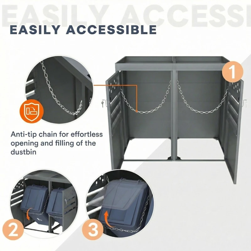 Double Wheelie Bin Storage Box with Planting Top and Tipping Chains, Galvanised Steel Lockable Bin Store with Ventilation Slots, 132L x 80W x 125H cm, Grey