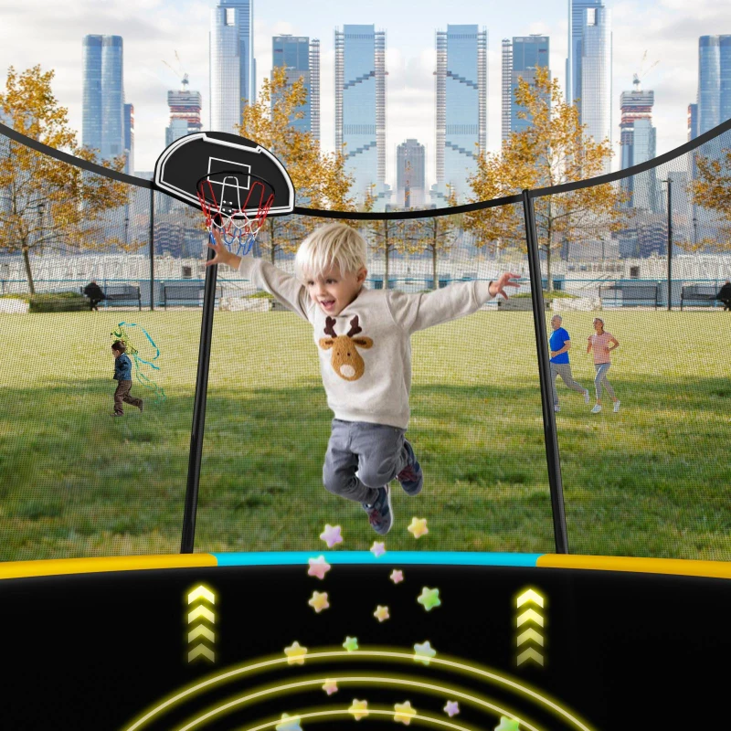 Outdoor Trampoline with Basketball Hoop and Safety Net, Heavy Duty Rebounder with Weatherproof Steel Frame, 366L x 366W x 76H cm, Blue