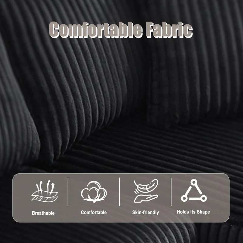 Modular L-Shaped Sectional Sofa with Deep Seat, Plush Corduroy Boneless Couch for Living Room, 257L x 160W x 80H cm, Black