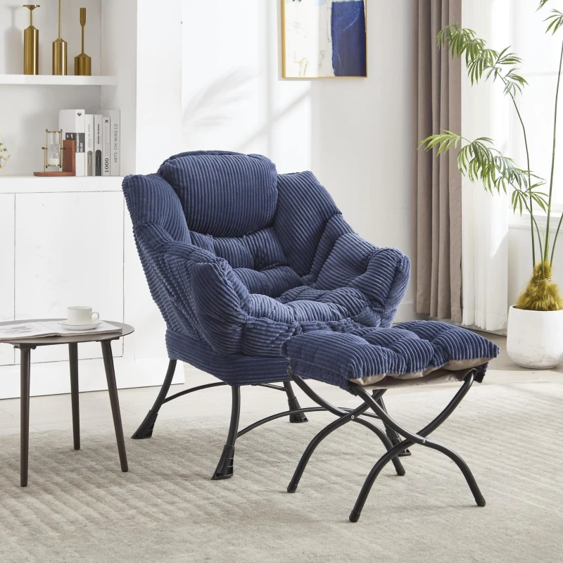 Poltrona lounge com pufe, apoios de braços e bolso lateral, revestimento em flanela, 69,9x64,0x95,0 cm, Azul marinho