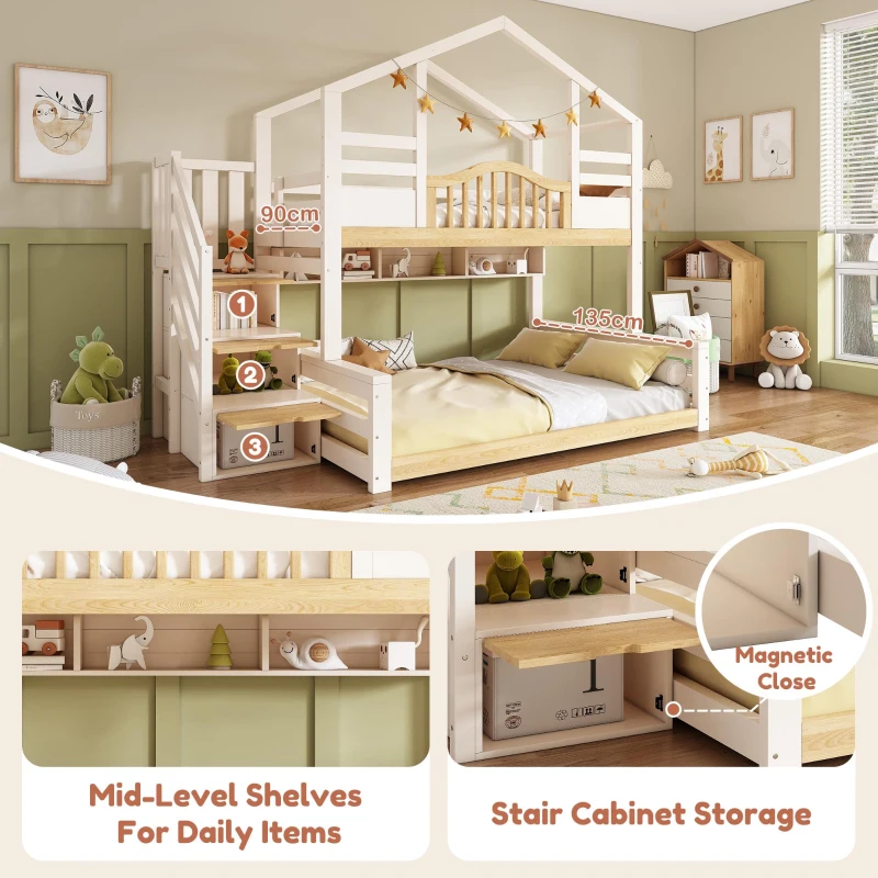 House-Shaped Bunk Bed with Staircase Storage, Space-Saving Kids Bed with Integrated Shelves, 244L x 140W x 206H cm, White+Natural