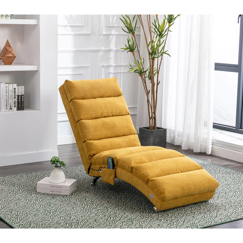 Fabric Relaxation Chaise Longue with Gentle Vibration, Contoured Ergonomic Floor Lounger with Side Pocket, 148L x 55W x 87H cm, Yellow