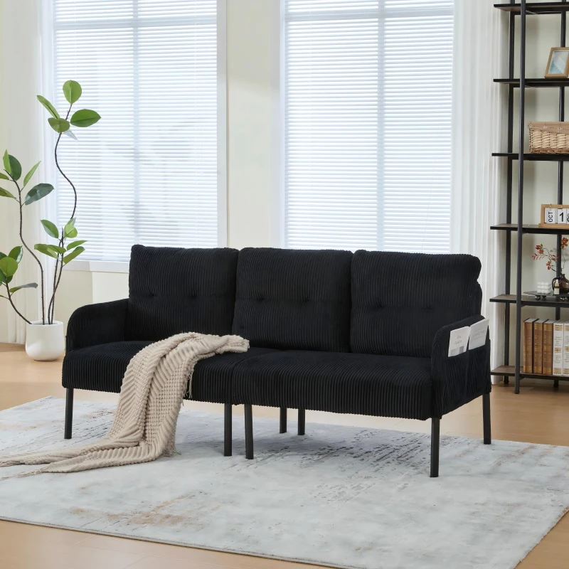Oversized Two-Seater Corduroy Sofa with Ergonomic Curves, Comfortable Loveseat with Dual Side Storage Pockets, 171L x 72W x 80H cm, Black