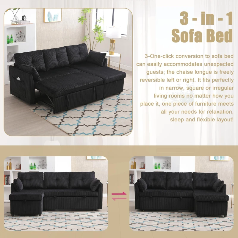 Stylish Sectional Sleeper Sofa with Reversible Storage Chaise, 3-In-1 L-Shaped Sofa with Corduroy Upholstery, 206L x 130W x 88H cm, Black