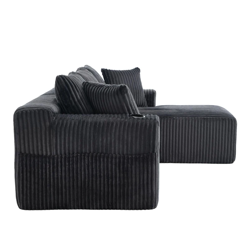 Modular L-Shaped Sectional Sofa with Deep Seat, Plush Corduroy Boneless Couch for Living Room, 257L x 160W x 80H cm, Gray