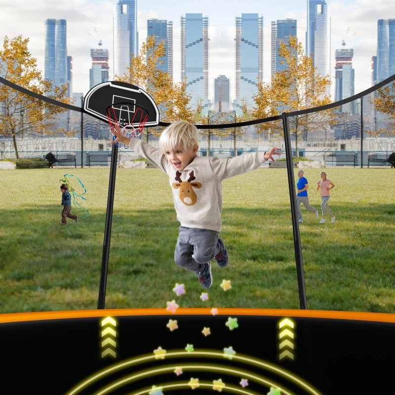 Outdoor Trampoline with Basketball Hoop and Safety Net, Heavy Duty Rebounder with Weatherproof Steel Frame, 366L x 366W x 76H cm, Orange