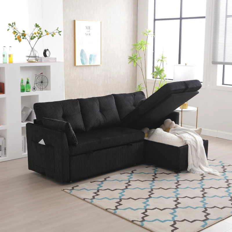 Stylish Sectional Sleeper Sofa with Reversible Storage Chaise, 3-In-1 L-Shaped Sofa with Corduroy Upholstery, 206L x 130W x 88H cm, Black