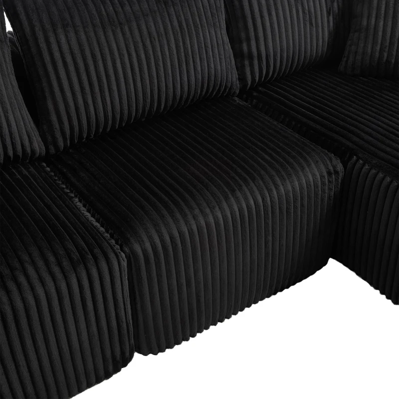 Modular L-Shaped Sectional Sofa with Deep Seat, Plush Corduroy Boneless Couch for Living Room, 257L x 160W x 80H cm, Black