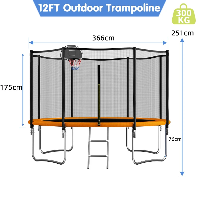 Outdoor Trampoline with Basketball Hoop and Safety Net, Heavy Duty Rebounder with Weatherproof Steel Frame, 366L x 366W x 76H cm, Orange