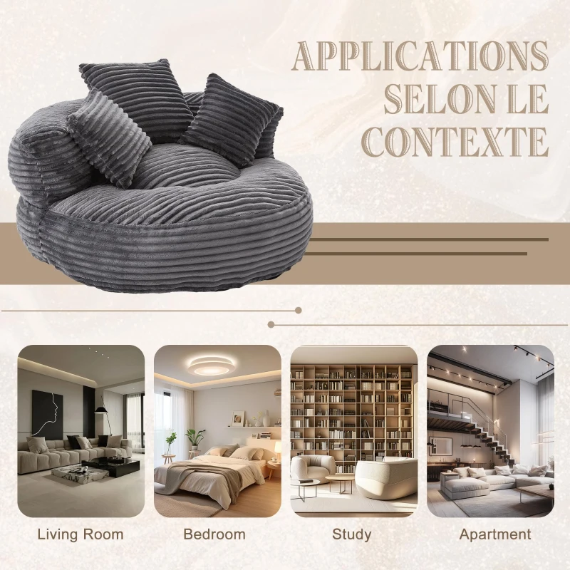 Giant Bean Bag Chair with Shredded Memory Foam, Pre-Filled Lounge Chair with High Back, 108L x 108W x 52H cm, Dark Gray