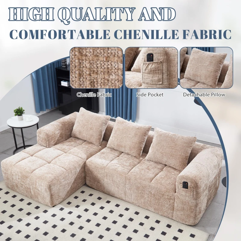 Oversized Modular L-Shaped Sofa with Deep-Seated Sleeper Design, Plush Sectional Sofa with Hidden Side Pockets, 250L x 158W x 60H cm, Khaki