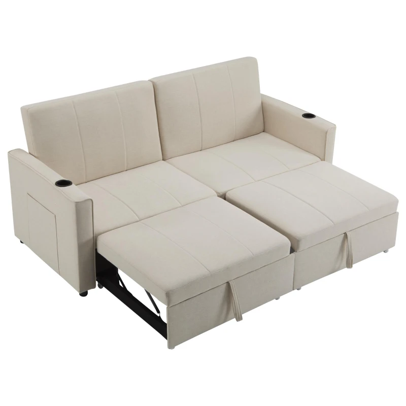 King-Size Pull-Out Sofa Bed with 3-in-1 Convertible 2-Seater, Independent Convertible Couch with Iron and Solid Wood Frame, 207L x 87W x 96H cm, Beige