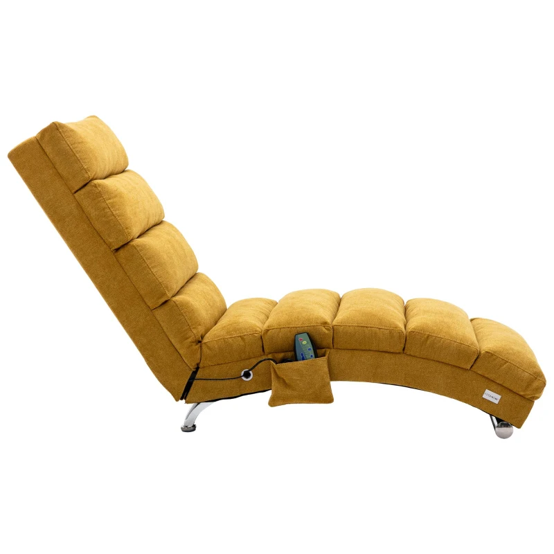 Fabric Relaxation Chaise Longue with Gentle Vibration, Contoured Ergonomic Floor Lounger with Side Pocket, 148L x 55W x 87H cm, Yellow