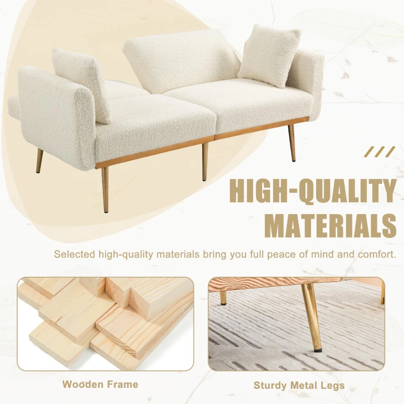 Modern 2-Seater Sofa with 3-Position Adjustable Backrest, Convertible Loveseat with Thick Padded Cushions, 165L x 72.5W x 75H cm, White Teddy