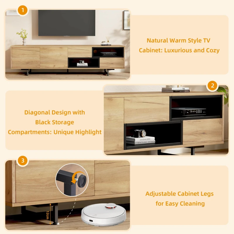 Living Room TV Cabinet with Multi‑Functional Chipboard Storage, Modern TV Stand with 2 Diagonal Drawers, 173L x 38W x 48H cm, Natural Wood