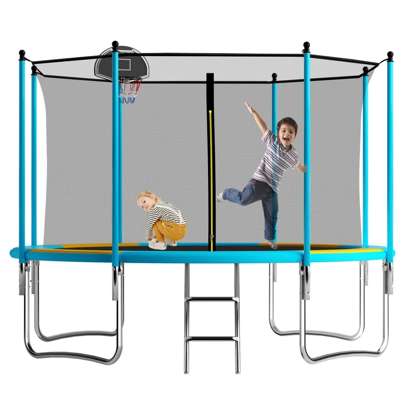 Outdoor Trampoline with Basketball Hoop and Safety Net, Heavy Duty Rebounder with Weatherproof Steel Frame, 366L x 366W x 76H cm, Blue+Orange