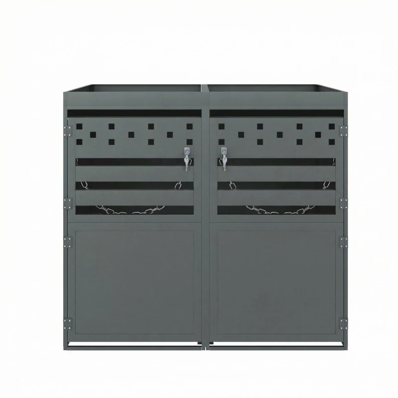 Double Wheelie Bin Storage Box with Planting Top and Tipping Chains, Galvanised Steel Lockable Bin Store with Ventilation Slots, 132L x 80W x 125H cm, Grey