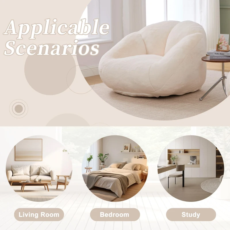 Shell-Shaped Bean Bag Chair with High-Rebound Memory Foam Filling, Ergonomic Floor Lounger with Faux Fur Removable Cover, 100L x 90W x 57H cm, Beige
