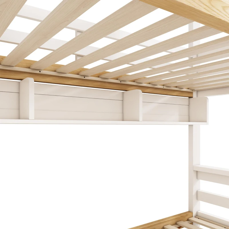 House-Shaped Bunk Bed with Staircase Storage, Space-Saving Kids Bed with Integrated Shelves, 244L x 140W x 206H cm, White+Natural