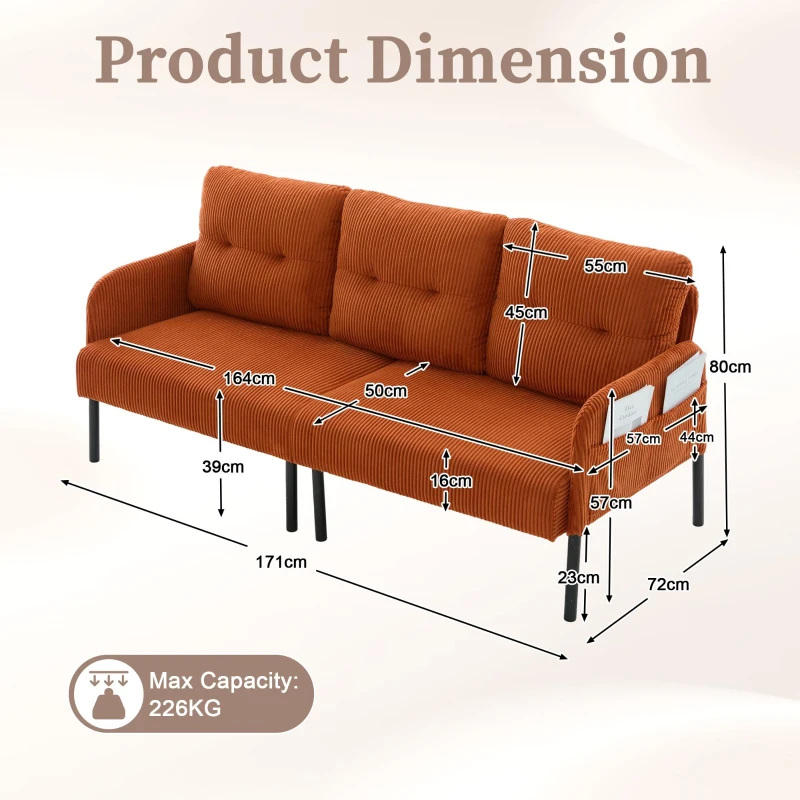 Oversized Two-Seater Corduroy Sofa with Ergonomic Curves, Comfortable Loveseat with Dual Side Storage Pockets, 171L x 72W x 80H cm, Orange