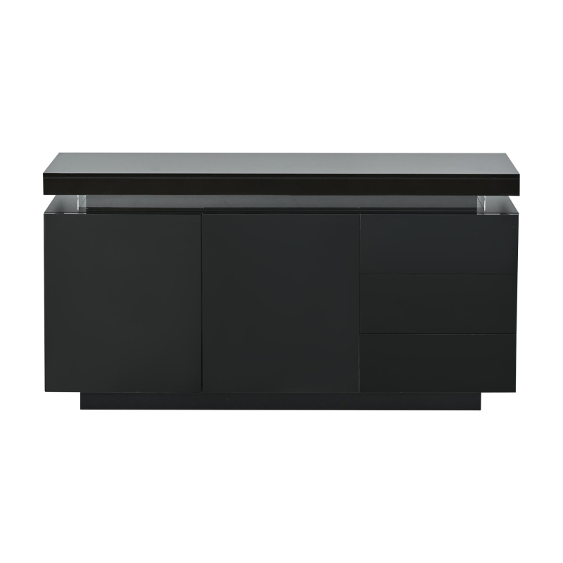 High Gloss Sideboard with LED Lights and Noiseless Hydraulic Hinges, Modern Storage Cabinet with 2 doors and 3 drawers, 140L x 35W x 72.5H cm, Black
