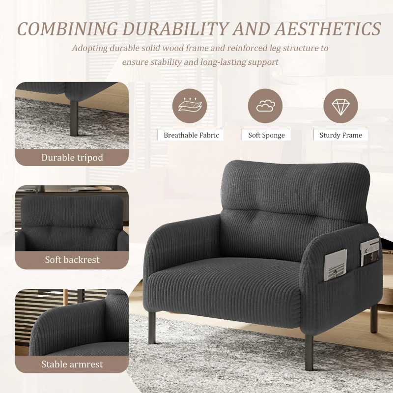 Corduroy Single-Seater Armchair with High-Density Foam Cushion, Ergonomic Wide Seat with Double Side Storage Pockets, 67L x 75W x 79H cm, Gray
