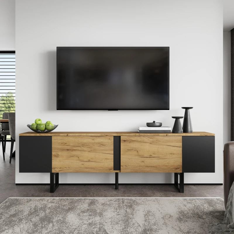 Natural-Wood TV Cabinet with Open Shelves and Soft-Close Doors, Stylish TV Stand with Durable Chipboard Construction, 180L x 40W x 55H cm, Natural