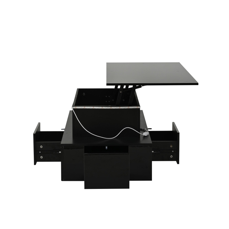 Lift-Top Coffee Table with 4 Drawers and Hidden Storage, Multi-Functional Center Table with Open Shelf and USB Port, 100L x 50W x 40H cm, Black