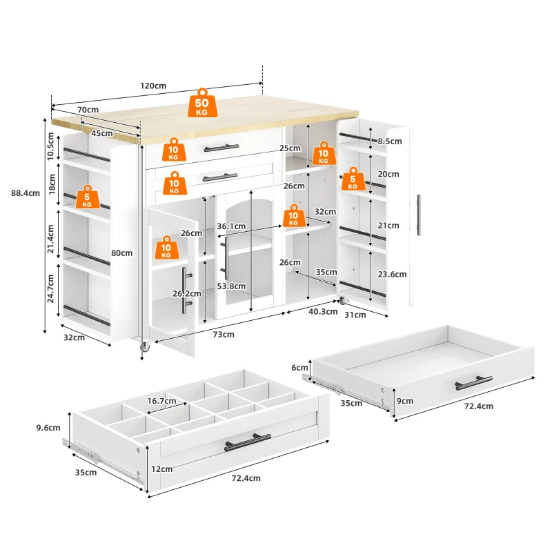 Mobile Kitchen Island Trolley with Lockable 360° Wheels, Glass-Door Storage Cabinet with Adjustable Shelves, 138L x 70W x 90H cm, White