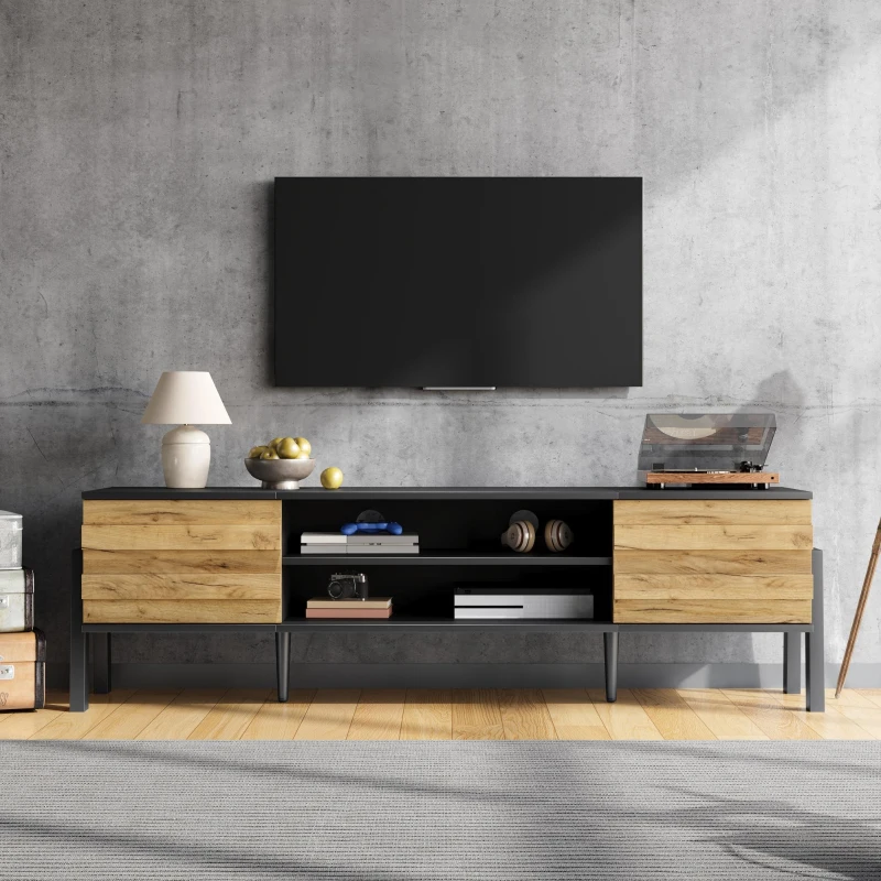 Low-Profile TV Cabinet with Soft-Close Hinges and Adjustable Shelves, Stylish TV Stand with 2 Cabinets, 175L x 39.5W x 53H cm, Natural