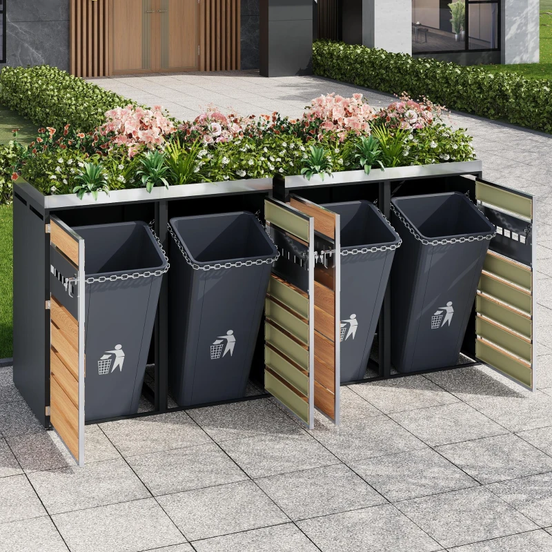 4-Compartment Outdoor Bin Enclosure with Integrated Planter, Planter-Top Quad Bin Storage with Lockable Doors, 264L x 80W x 124.5H cm, Grey+Wood