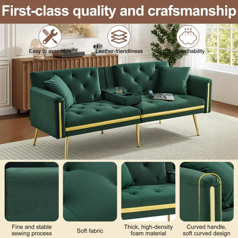 Two-Seater Convertible Sofa Bed with 3-Level Adjustable Backrest, Space-Saving Sleeper Sofa with High-Density Foam, 174L x 76W x 71.5H cm, Green