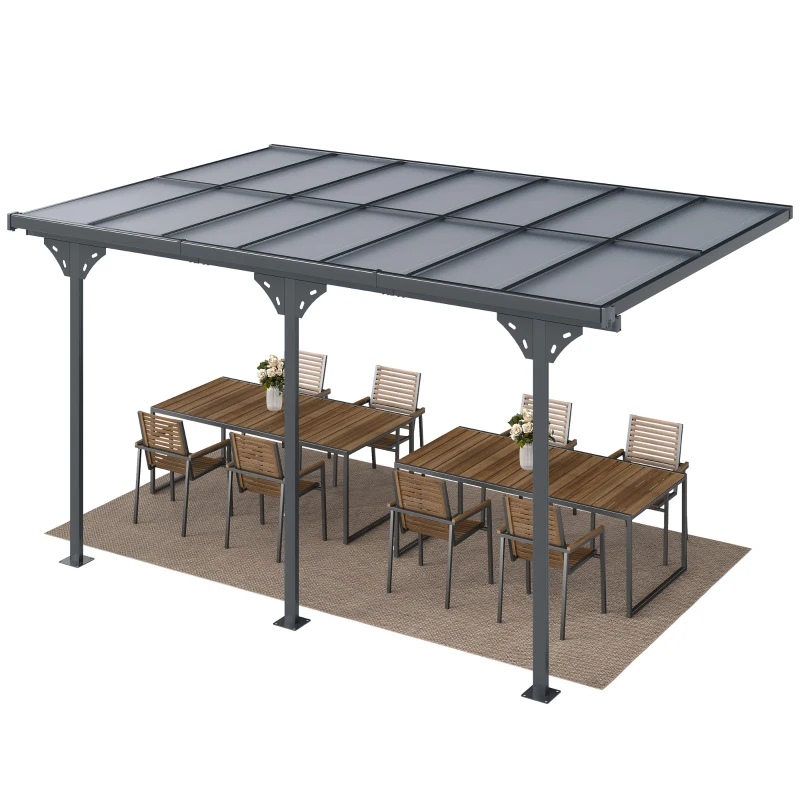 Outsunny Pergola adossée aluminium 4,5 x 3 m avec toit en polycarbonate résistant UV, gouttière intégrée, tonnelle de jardin pour terrasse patio véranda, gris